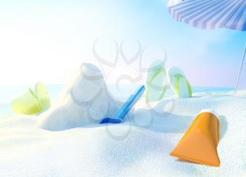 Beach scene with sunscreen, bucket and spade against ocean background.  