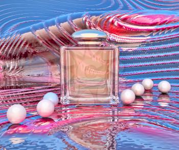 Perfume in a glass bottles and pearl beeds on a color background.