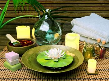 Spa treatment. Spa Setting with Essence Oil,Natural Soap,Soft Towel and candles.
