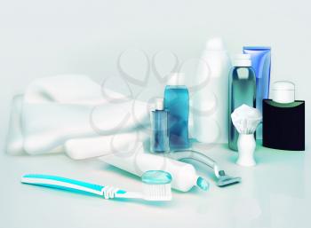 Toothpaste, brush, soap, balm, razor, shaving brush, towel, shampoo,perfume.