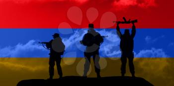 Flag of Armenia. Concept of the Conflict between Armenia and Azerbaijan. Military silhouettes fighting scene dark toned foggy background.