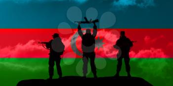 Azerbaijan flag. Concept of the Conflict between Armenia and Azerbaijan. Military silhouettes fighting scene dark toned foggy background.