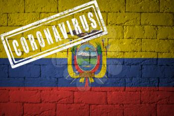 Flag of the Ecuador on brick wall texture. stamped of Coronavirus. Corona virus concept. On the verge of a COVID-19 or 2019-nCoV Pandemic. Novel Chinese Coronavirus outbreak