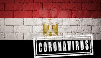 Flag of the Egypt with original proportions. stamped of Coronavirus. brick wall texture. Corona virus concept. On the verge of a COVID-19 or 2019-nCoV Pandemic.