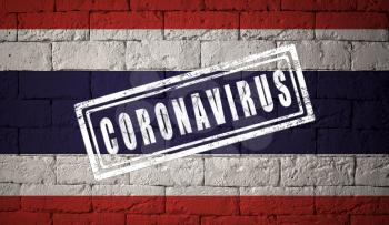 Flag of the Thailand with original proportions. stamped of Coronavirus. brick wall texture. Corona virus concept. On the verge of a COVID-19 or 2019-nCoV Pandemic.