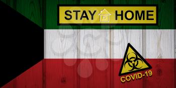 Flag of the Kuwait in original proportions. Quarantine and isolation - Stay at home. flag with biohazard symbol and inscription COVID-19.