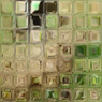 The green and brown tiles from the shiny colorful glass blocks.