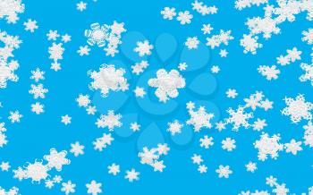 Snowfall illustration with fallen snowflakes on blue background.