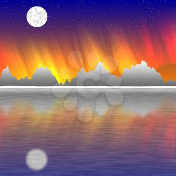 Abstract landscape with sunset sky, water and moon.