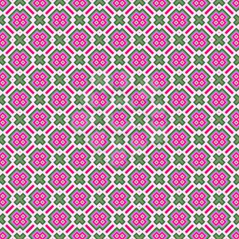 Seamless retro purple square pattern with green crosses. 