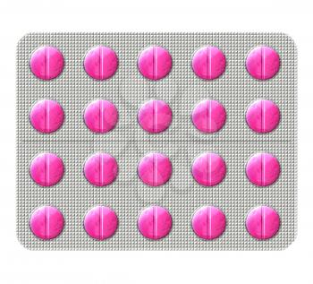 Illustration of a pink antibiotic pills in a bubbly blister pack isolated on a white background.