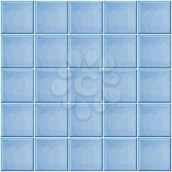 Square blue tiles with polygonal decor with white joints.