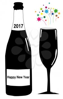 Black bottle of champagne with Happy New Year 2017 writing and glass with color star firework on white background.