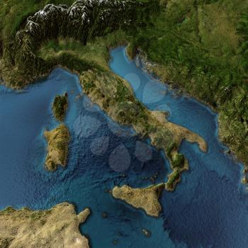 Italy. 3d landscape with shadows, transparent water. Maps courtesy of NASA