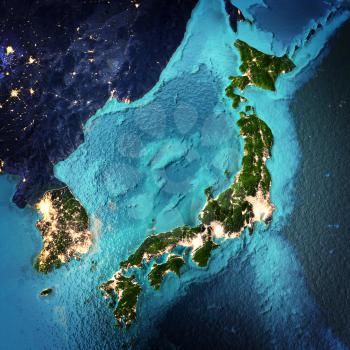 Japan and Korea. Elements of this image furnished by NASA. 3D rendering