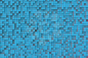 Abstract blue teal geometric cube or box shape background or pattern design with strong red secondary light source.