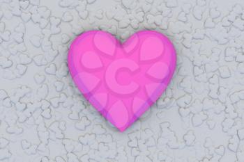 Valentine's Day abstract 3D illustration pattern with big pink or rosy shiny heart on background made from many smaller gray hearts.