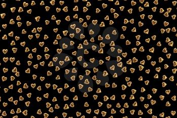 Valentine's Day abstract 3D illustration pattern with gold hearts on black background.