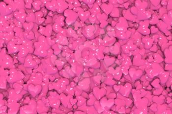Valentine's Day abstract 3D illustration or background pattern with shiny pink or rosy hearts.