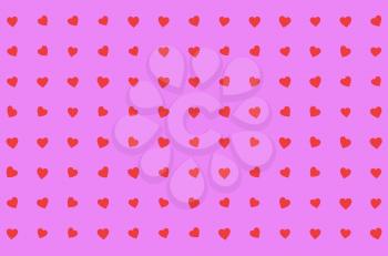 Valentine's Day abstract 3D illustration or pattern with small flat red hearts in columns and rows on pink or rosy background.
