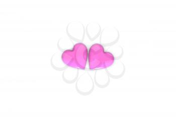 Valentine's Day abstract 3D illustration of two big pink or rose hearts on white background.