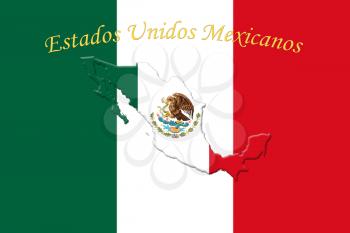 Mexican National Flag With Eagle Coat Of Arms and Text. Estados Unidos Mexicanos,  Meaning United Mexican States, 3D Rendering
