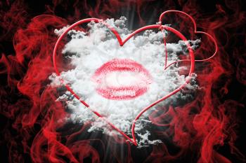 Heart and a Kiss With Red Smoke and White Fluffy Clouds. Valentine's Day Concept 3D Illustration