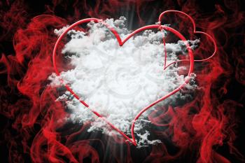 Hearts and White Fluffy Clouds With Red Smoke. Valentine's Day Concept Background 3D Illustration 