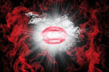 Kiss With Red Smoke and White Fluffy Clouds. Valentine's Day Concept 3D Illustration 