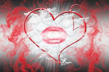 Heart and a Kiss With Red Smoke and White Fluffy Clouds. Valentine's Day Concept 3D Illustration