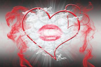 Heart and a Kiss With Red Smoke. Valentine's Day Concept 3D Illustration 
