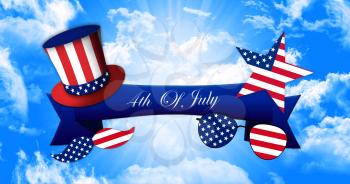 Happy 4th of July. Glasses and Mustache Design of the American Flag With Hat of Uncle Sam and Ribbon Banner On Sky Background 3D illustration
