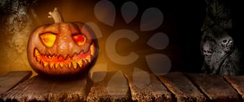 Spooky Halloween Pumpkin On a Wooden Table at Night 3D Illustration