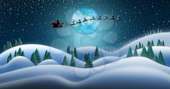 Santa Clause and Reindeers Sleighing Through Christmas Night Over the Snow Fields at North Pole