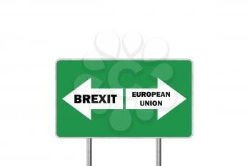 Brexit, or European Union. Road sign With Arrows Depicting UK and EU Departure