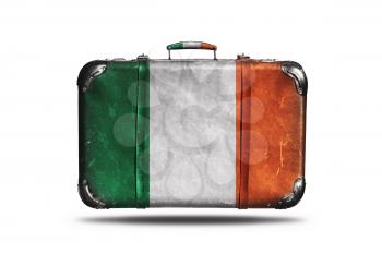 Travel Vintage Leather Suitcase With Flag Of Ireland Isolated On White Background