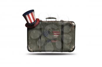 Travel Vintage Leather Suitcase With Uncle Sam's Hat and Sunglasses. Happy 4th of July Independence Day United States Of America