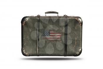 Travel Vintage Leather Suitcase With Flag Of United States Of America and Country Map Isolated On White Background