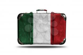 Travel Vintage Leather Suitcase With Flag Of Italy Isolated On White Background