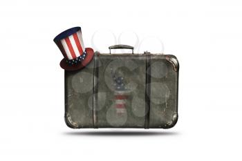 Travel Vintage Leather Suitcase With Uncle Sam's Hat and American Flag in Shape Of Statue of Liberty. Happy 4th of July Independence Day United States Of America 