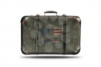 Travel Vintage Leather Suitcase With American Flag in Shape Of Sunglasses and Mustaches. Happy 4th of July Independence Day United States Of America