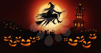Halloween Pumpkins at Cemetery with Witch Riding the Broom Against Full Moon Sky with Haunted Mansion in the Background