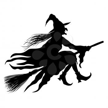 Witch Riding The Broom Isolated On White Background. Black Silhouette 