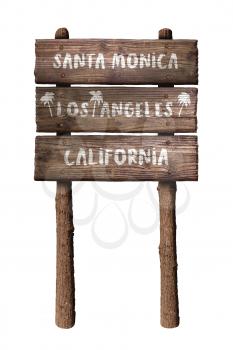 Santa Monica In Los Angeles California Wooden Board Sign Isolated On White Background 