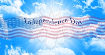 Independence Day, 4th of July Sign Against Blue Sky Background With American Flag