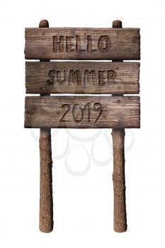 Summer Wooden Board Sign with Text, Hello Summer 2019 Isolated On White Background