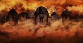 Cemetery At Night With Tombstones With Skulls And Burning Sky Full Of Clouds and Stars in The Background. Halloween Concept 3D illustration
