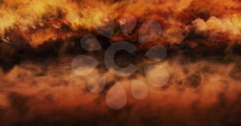 Mist Above The Ground And Burning Sky Full Of Clouds and Stars. Halloween Concept Background 3D illustration