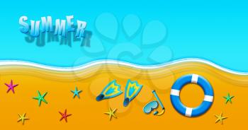 Summer Holiday At Tropical Sandy Beach With Scuba Mask, Flippers, Safety Rings and Starfish Illustration