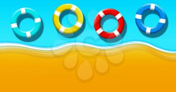 Summer Holiday At Tropical Sandy Beach With Turquoise Blue Water And Floating Safety Rings Top View Background Illustration